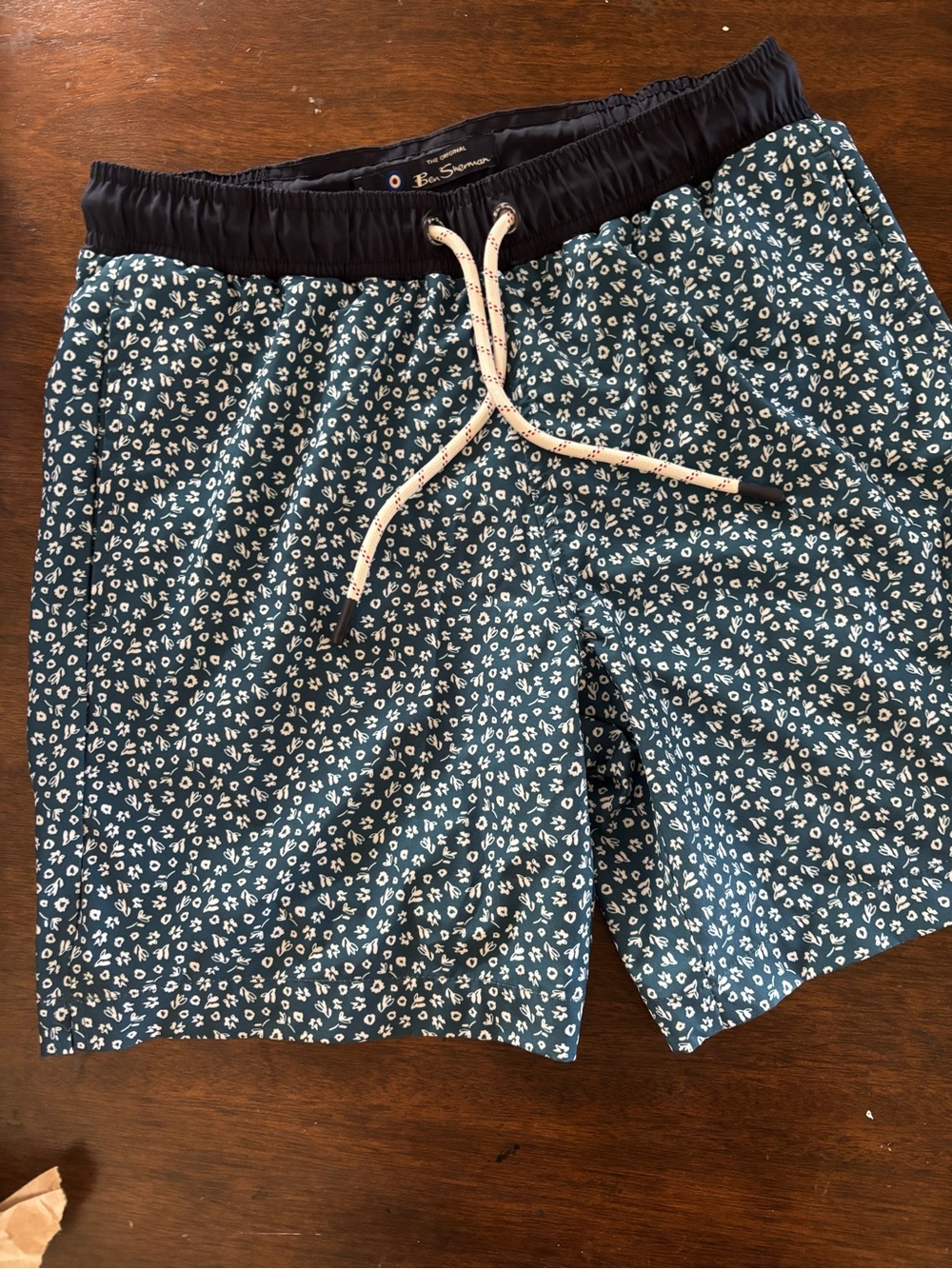 Ben Sherman Teal Blue Floral Swim Trunks with Black Waistband
